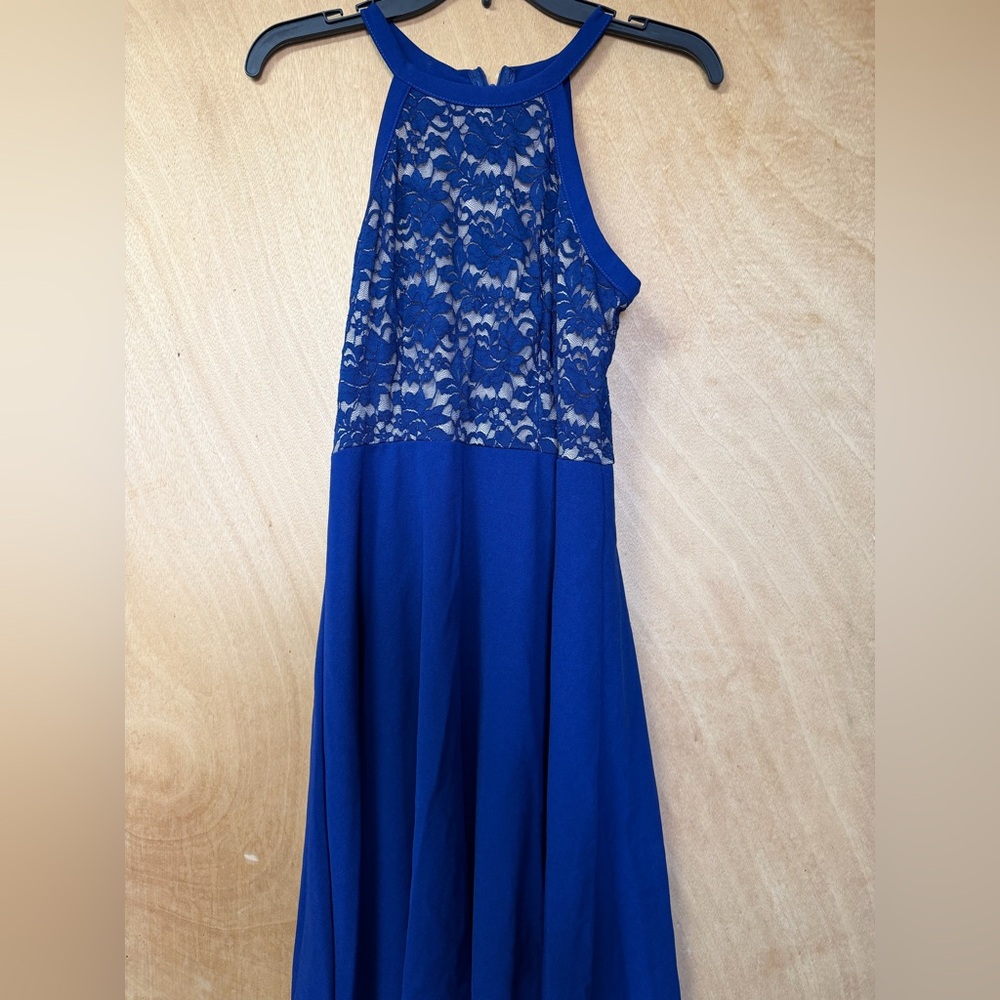 SHEIN Navy Blue Lace Halter Neck A-Line Fit & Flare Dress